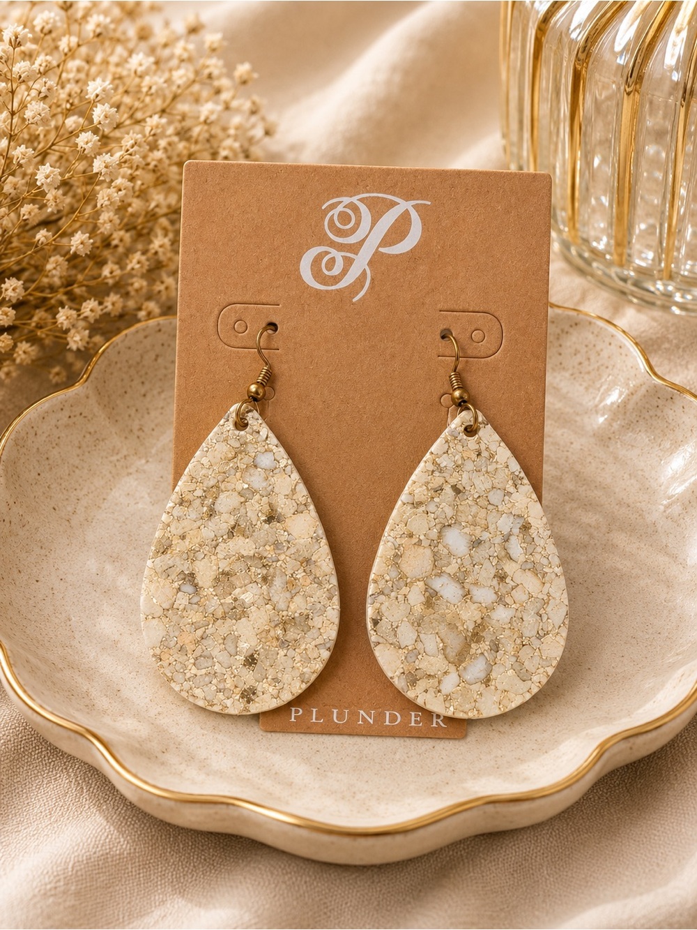 Plunder Cream Teardrop Cork-Textured Earrings